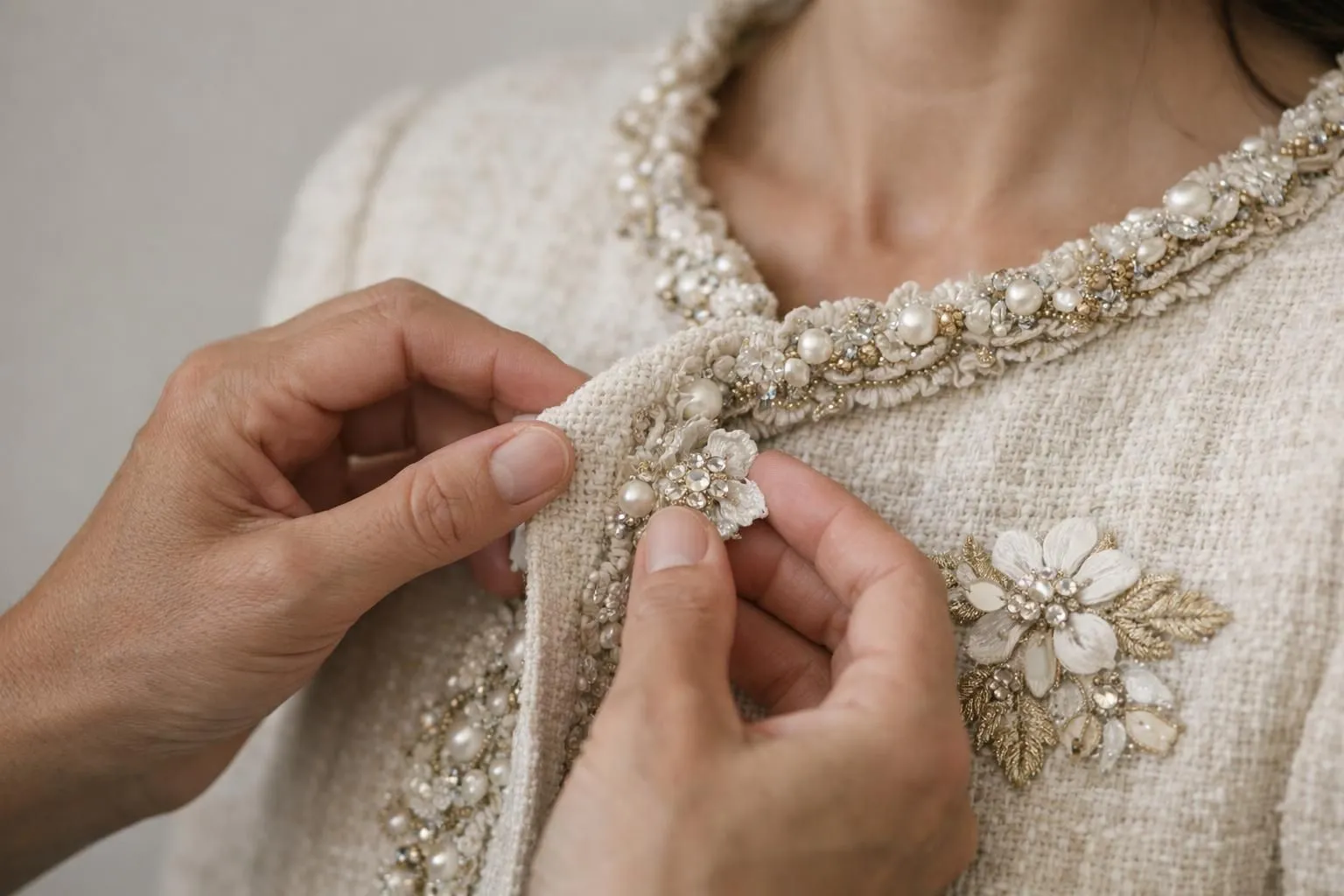 Close-up of hands examining vintage designer garment details, showing high-quality fabric texture and hand-stitched embellishments, in soft natural light, worn by woman in neutral background, focus on craftsmanship and material quality