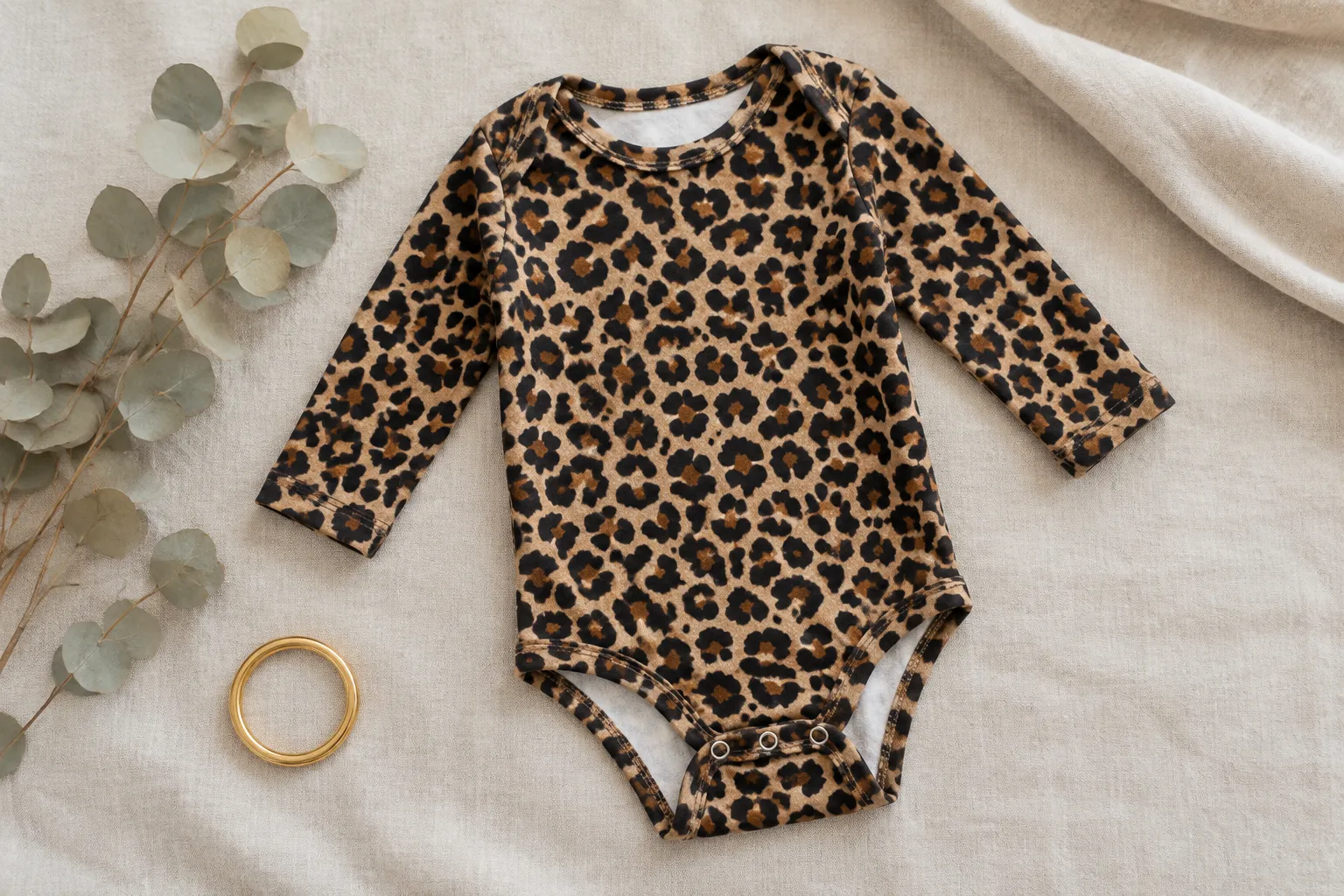 Body léopard à manches longues pour bébé, posé sur tissu beige
