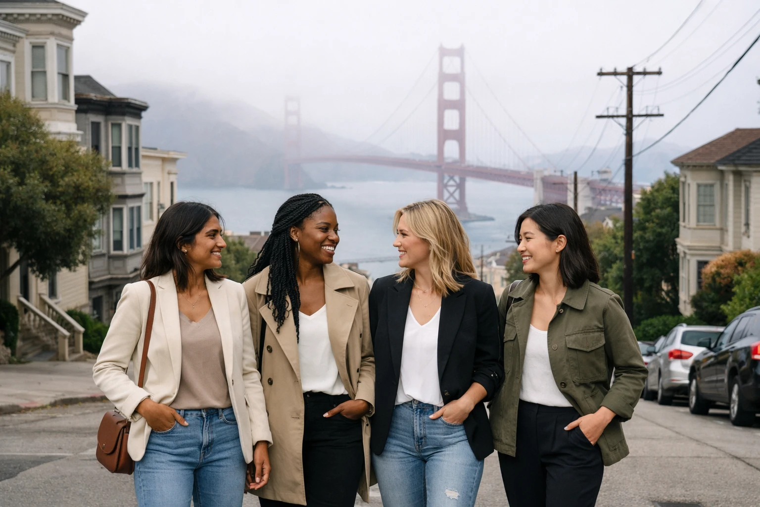 Une scène de rue moderne de San Francisco montrant des femmes diverses dans des tenues décontractées-élégantes, avec un style tech-casual, des basiques de qualité, des vestes légères sur des t-shirts simples et des baskets ou bottines confortables. Le Golden Gate Bridge est visible en arrière-plan à travers le