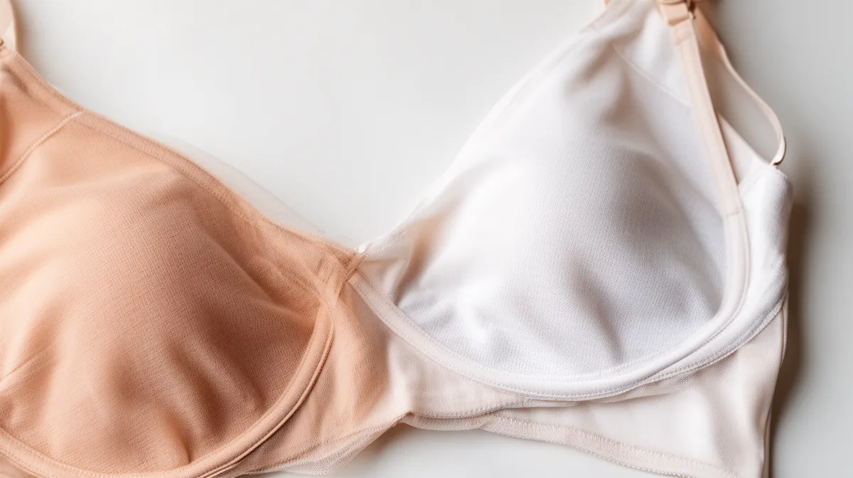 Soutien-gorge beige et blanc en gros plan.