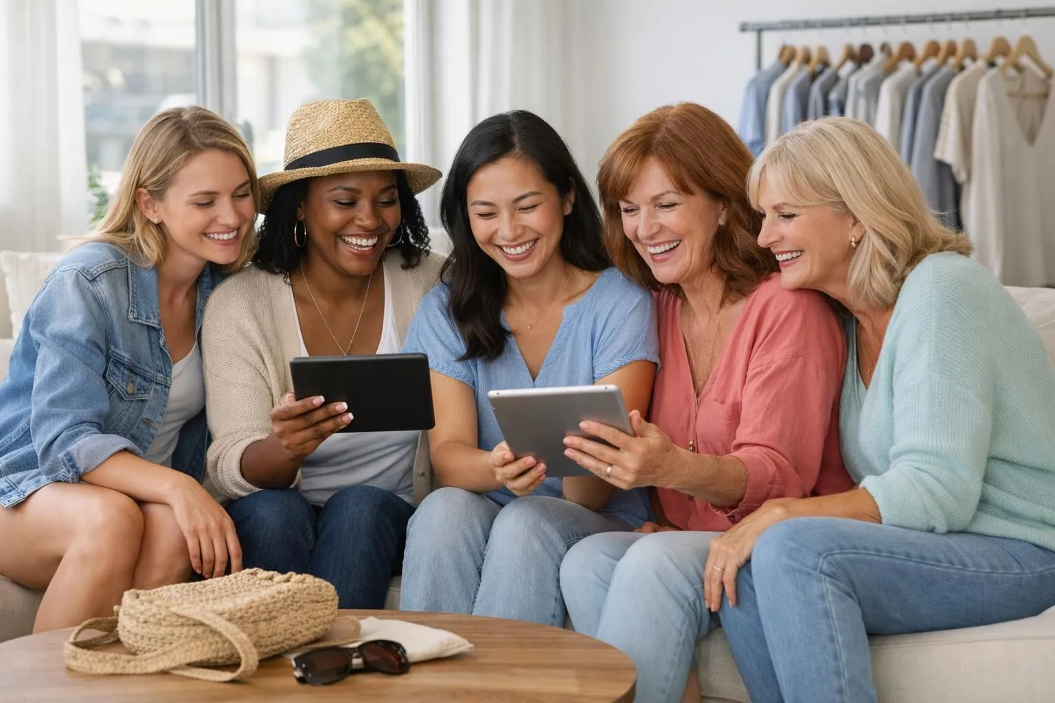 Diverse group of smiling women aged 25-60 wearing comfortable casual California-style clothing, reading reviews on tablet devices in bright modern living room setting, showcasing authentic customer satisfaction with fashion purchases