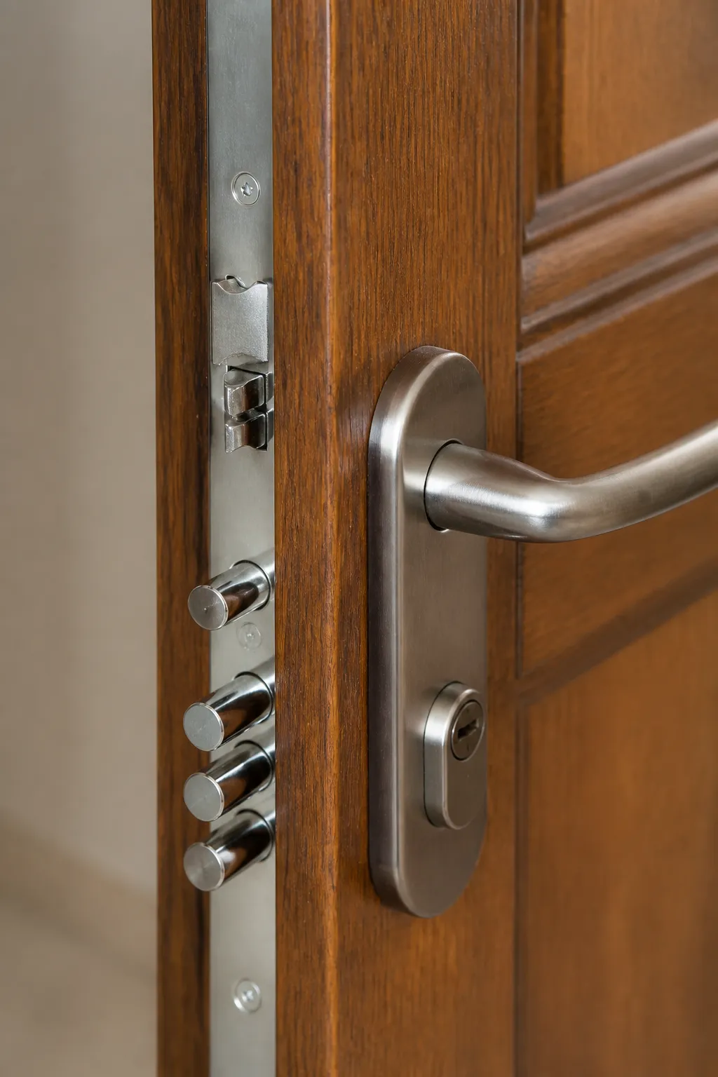 Porte en bois avec poignée et serrure en métal.