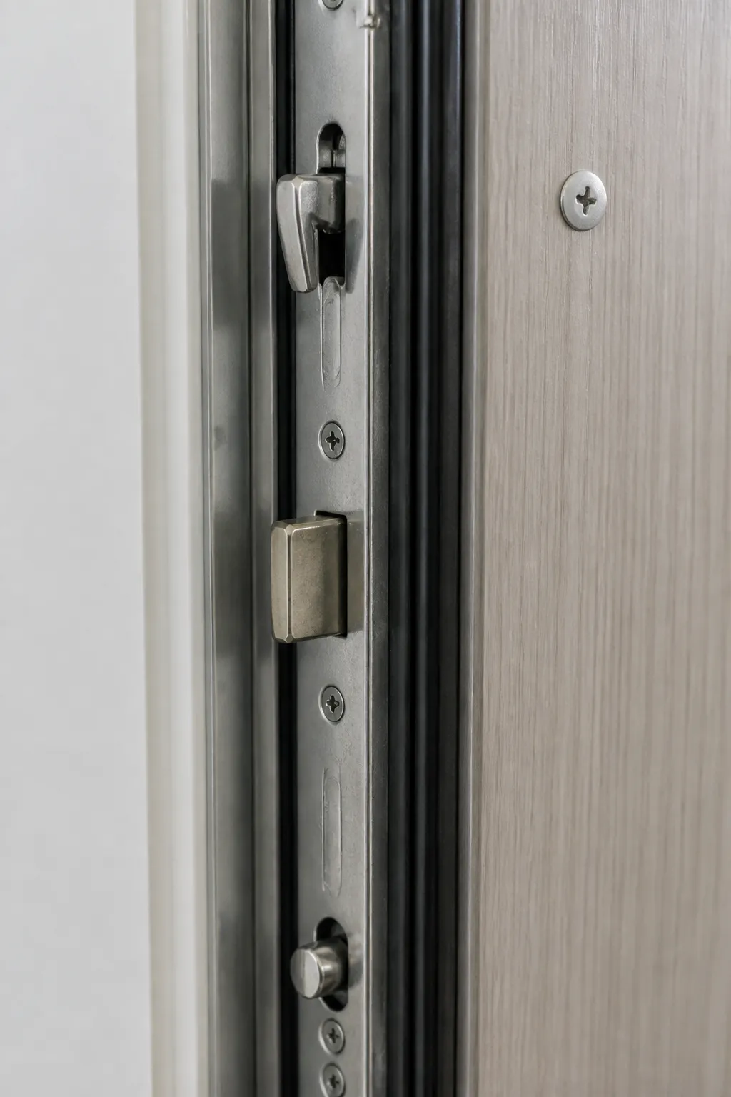 Porte en métal gris avec serrure et charnières.