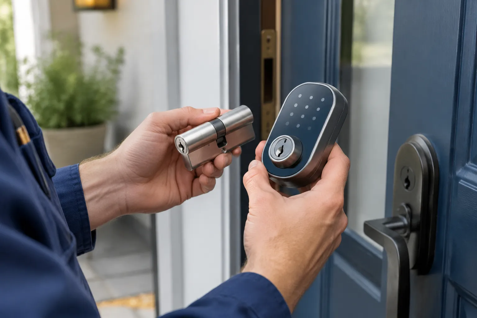 Serrurier présentant une serrure connectée et un cylindre de porte.