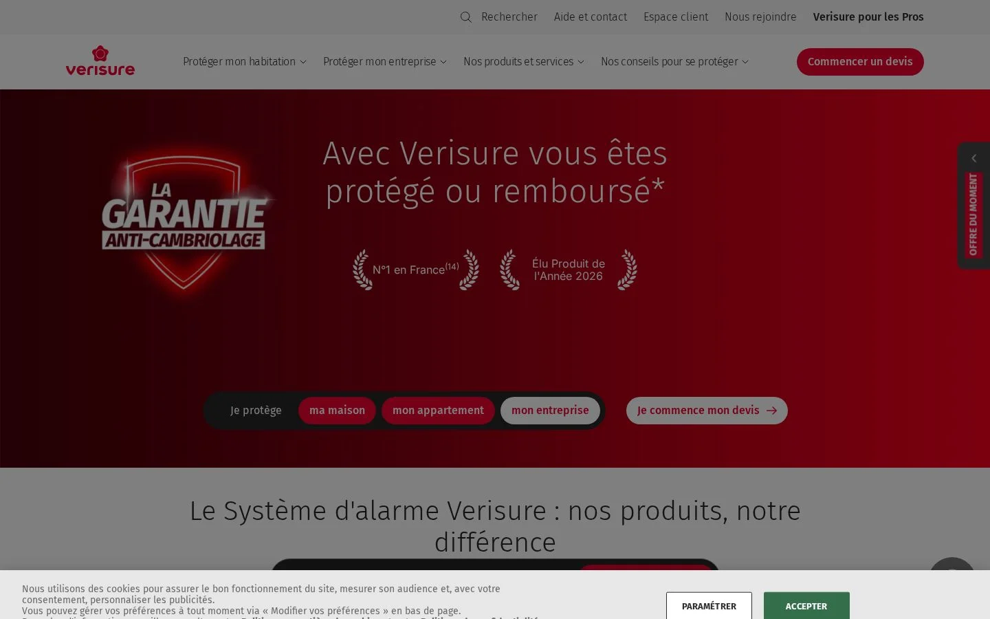 Page d’accueil Verisure, offre d’alarme et bannière cookies