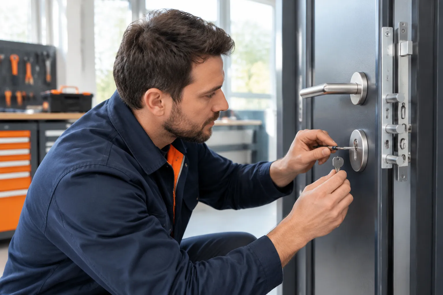 Serrurier réparant la serrure d’une porte métallique.