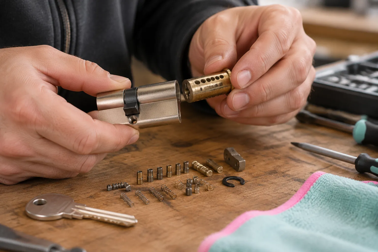 Serrurier démontant un cylindre de serrure avec outils et pièces détachées