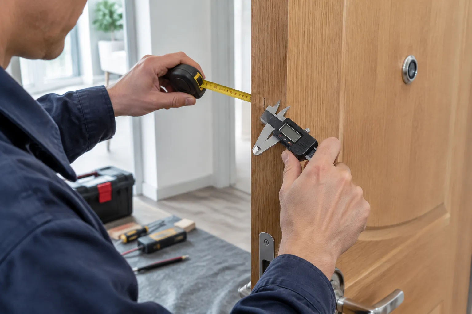 Homme mesurant une porte avec mètre ruban et pied à coulisse
