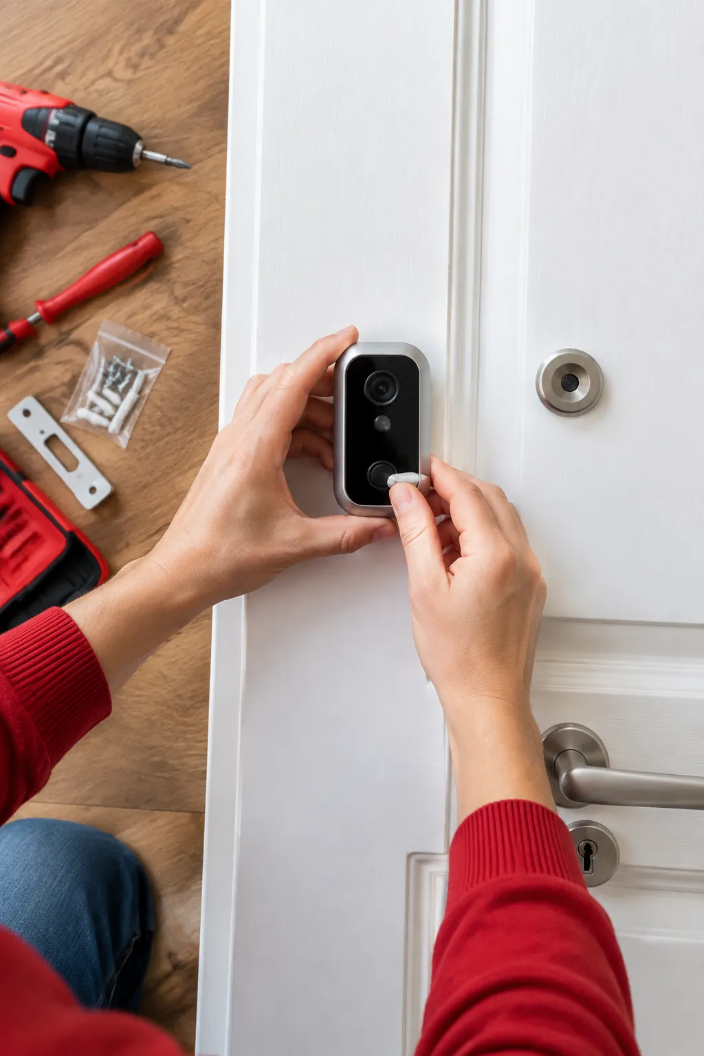 Installation d’une sonnette caméra connectée sur une porte blanche