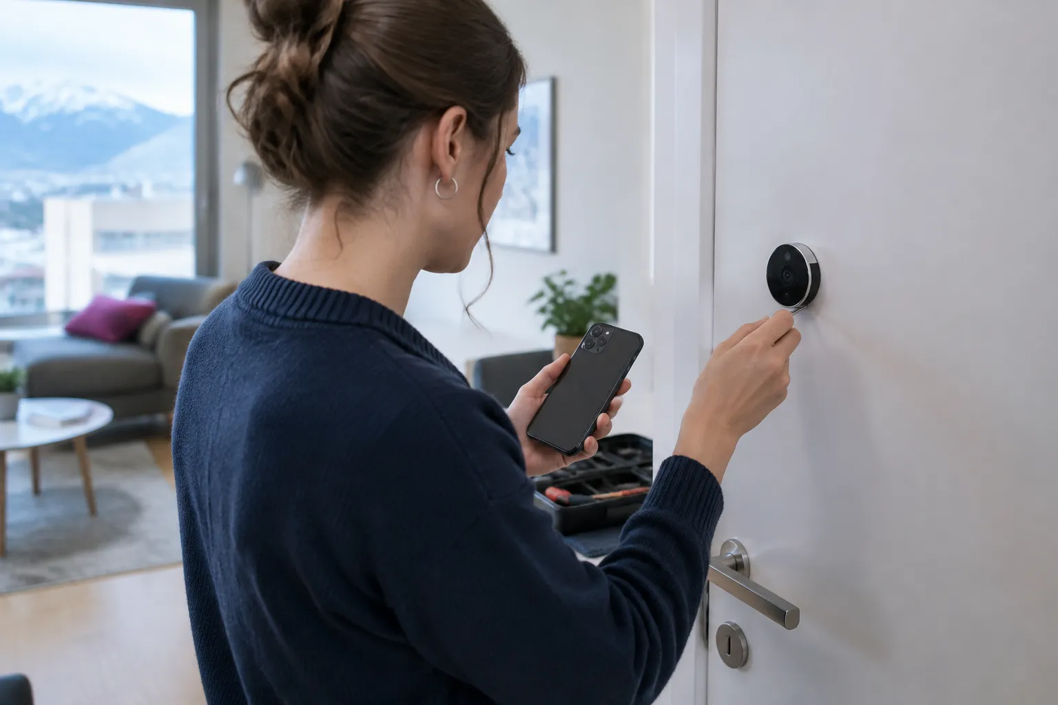 Femme déverrouillant une serrure connectée avec son smartphone.