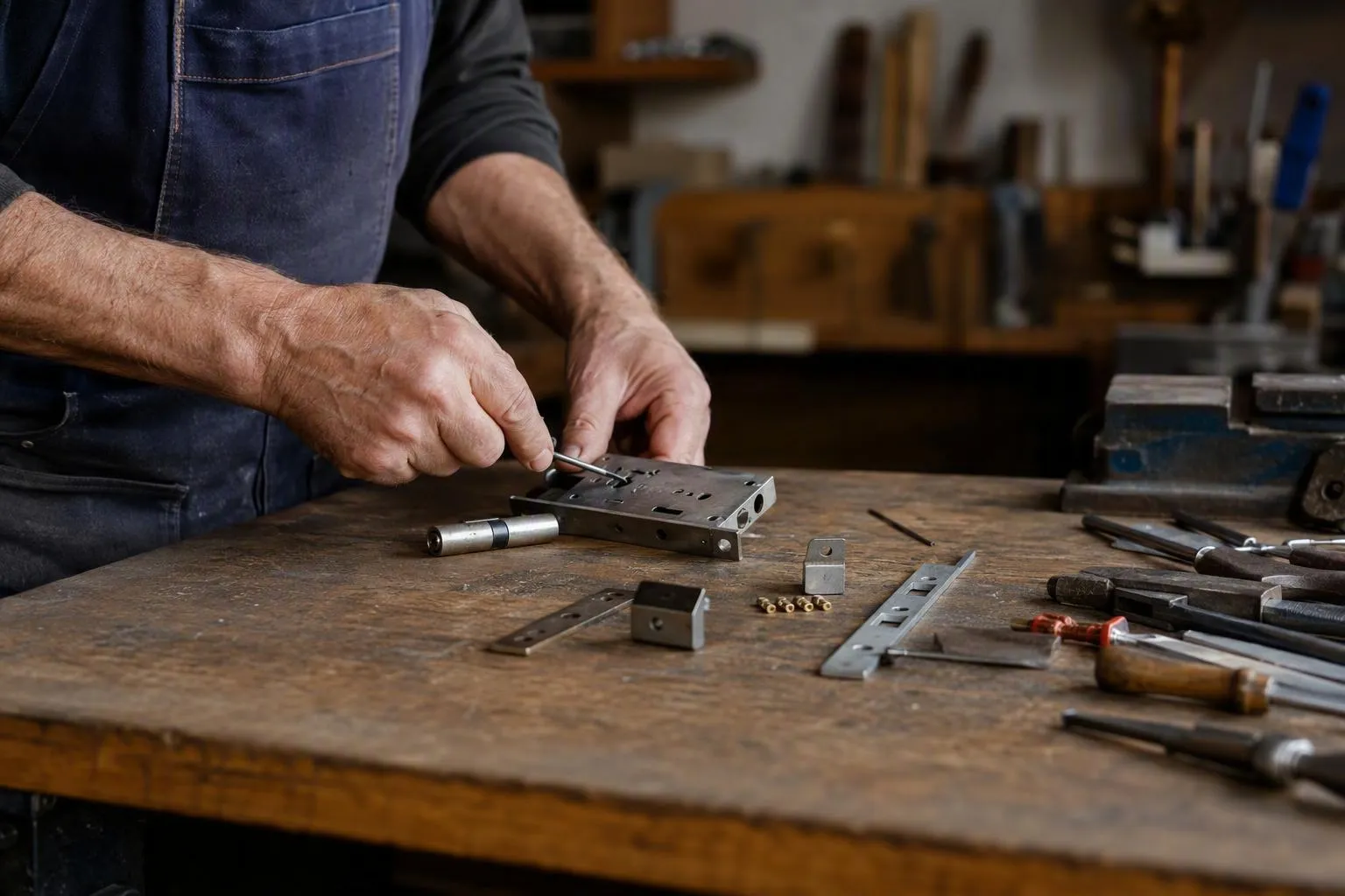 Artisan réparant une serrure métallique sur établi d’atelier