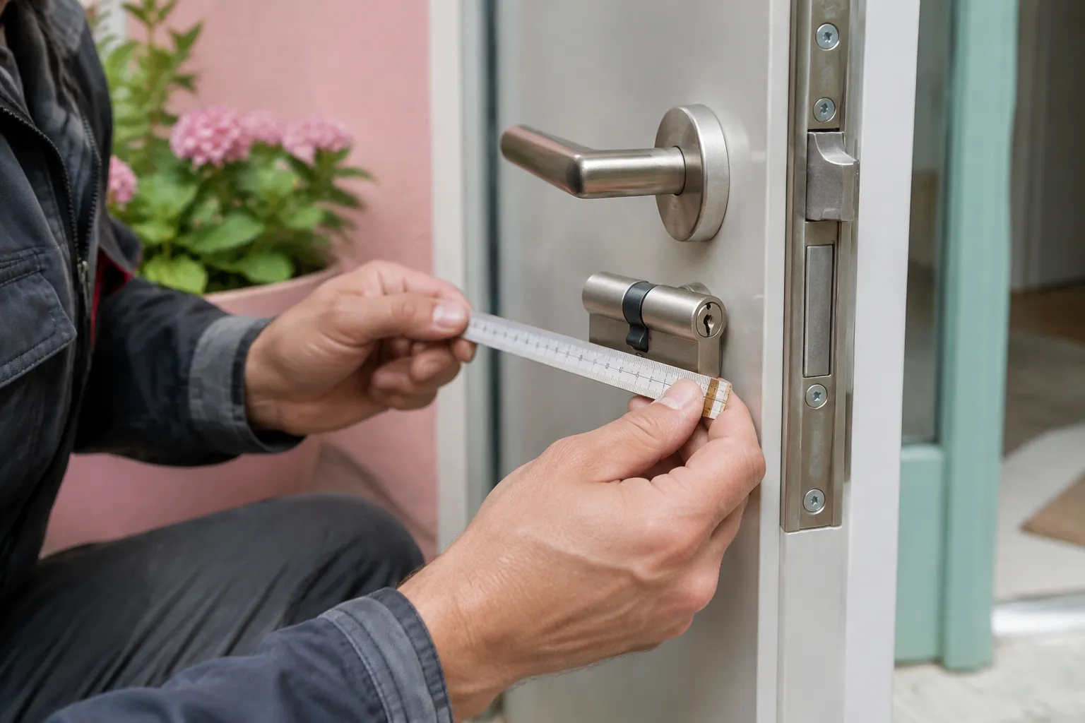 Technicien mesurant la serrure d’une porte avec un mètre ruban