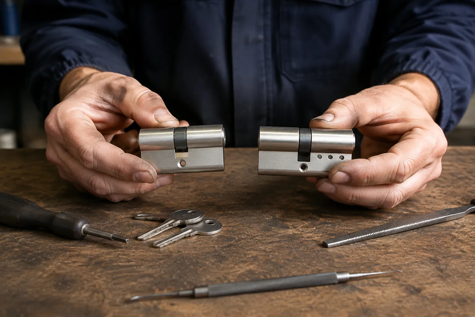 Serrurier tenant deux cylindres de serrure, outils et clés sur établi.