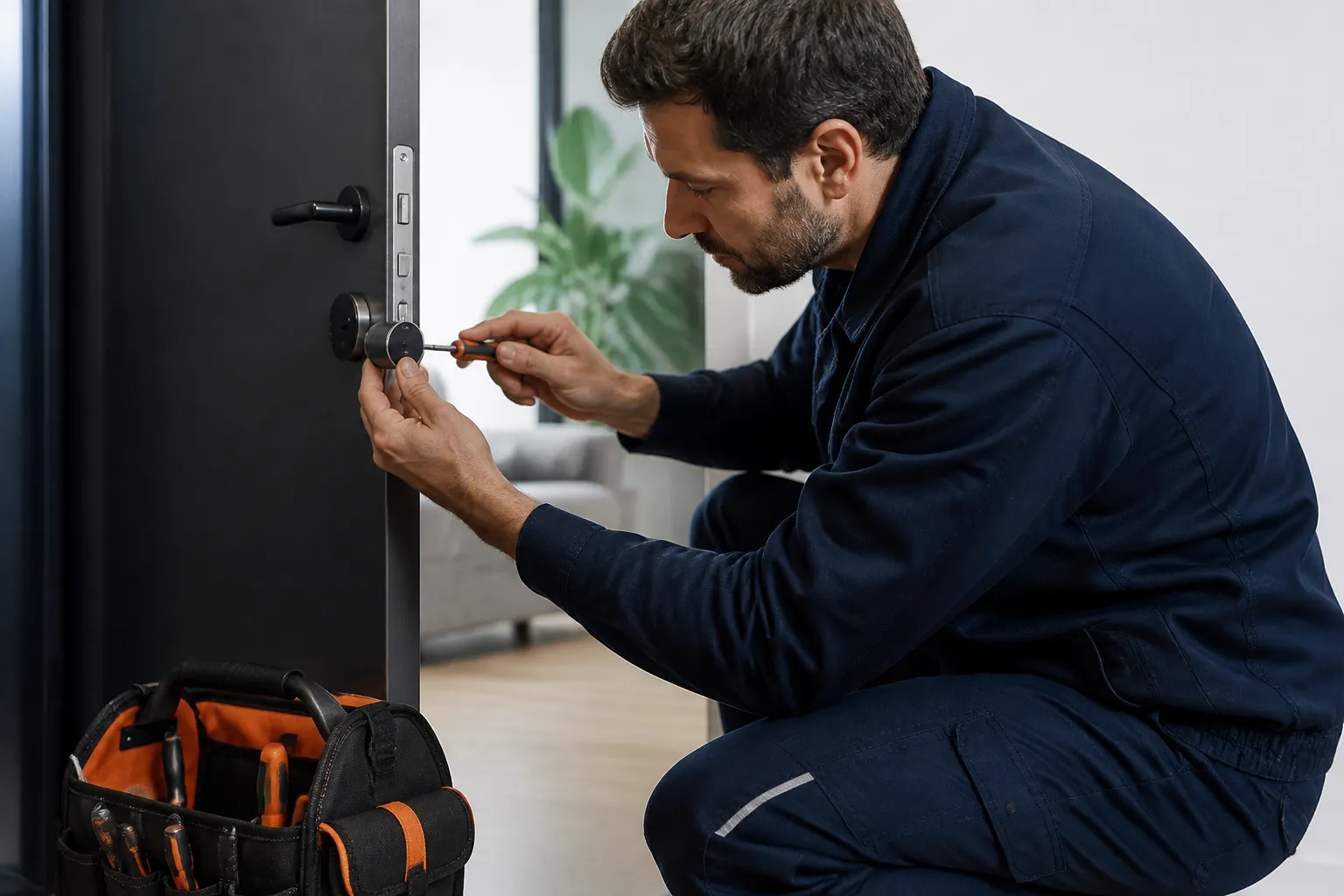 Serrurier réparant une serrure de porte avec ses outils.