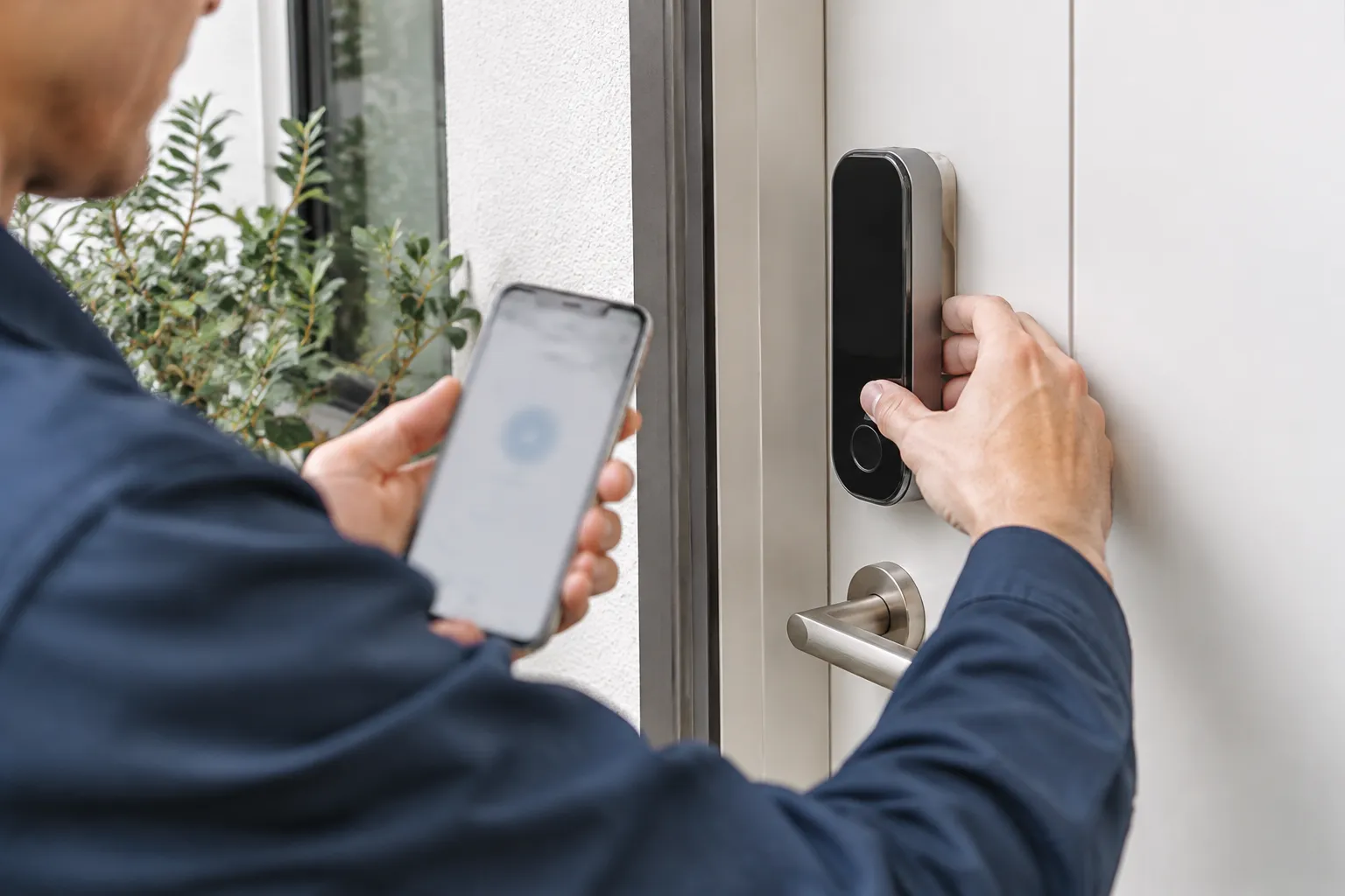 Homme utilisant une serrure connectée avec son smartphone