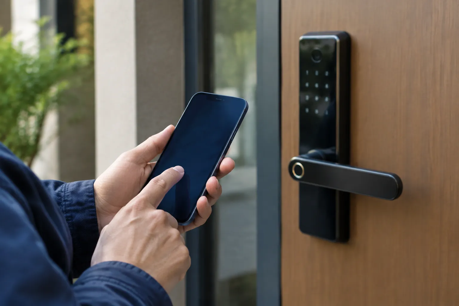 Personne déverrouillant une serrure connectée avec son smartphone