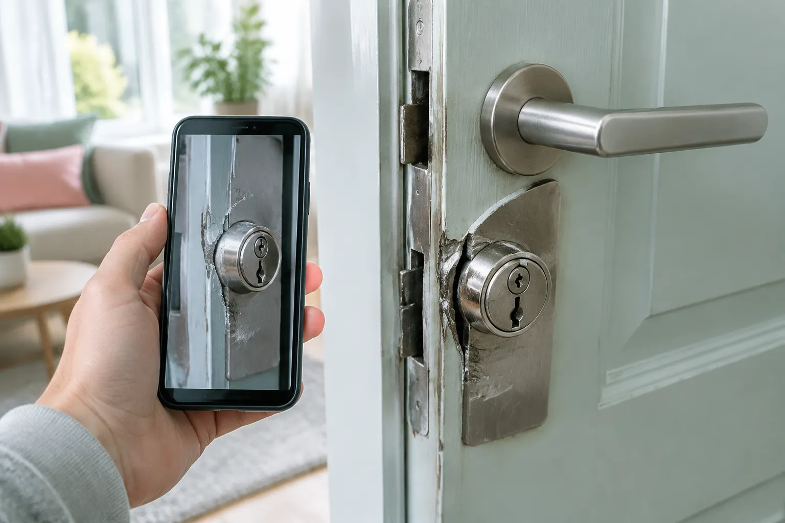 Téléphone inspectant une serrure de porte endommagée avec poignée métallique