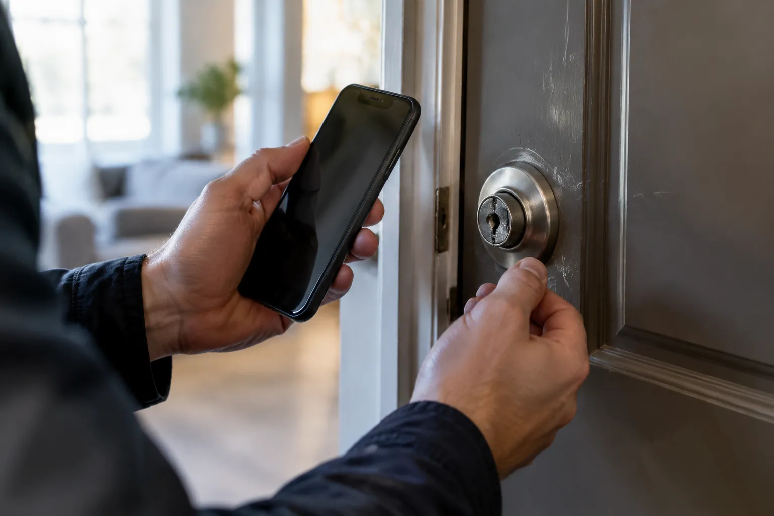 Personne tenant un smartphone près d’une serrure de porte.