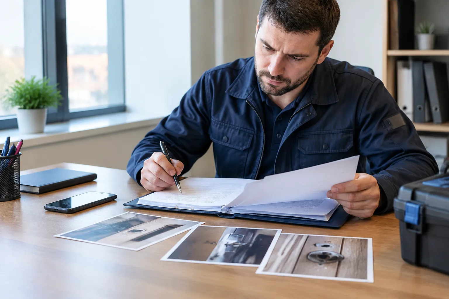 Inspecteur rédigeant un rapport avec photos de serrure.