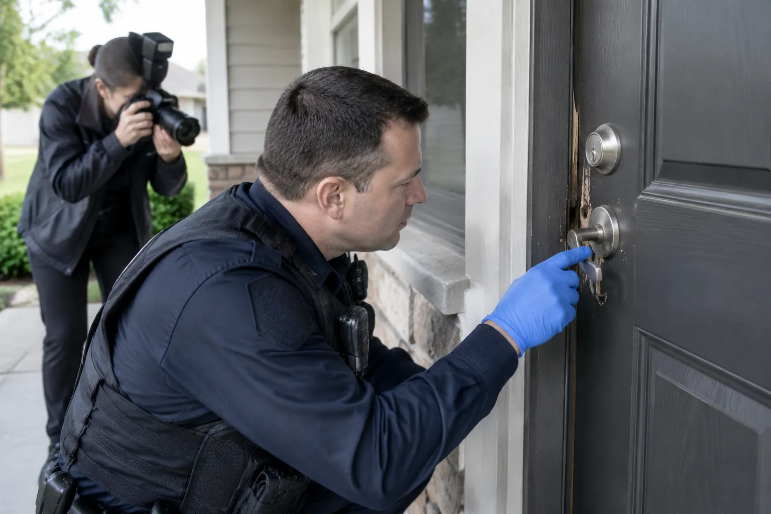 Agents de police examinent une serrure, photographe en arrière-plan