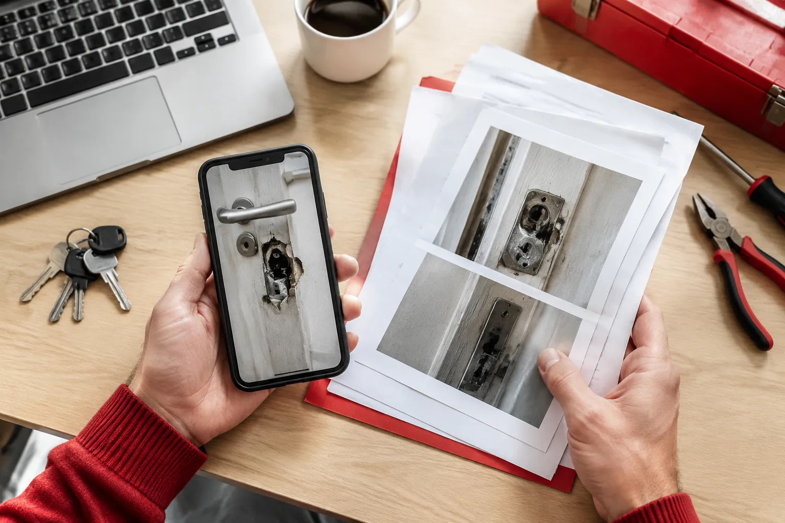 Réparation de serrure documentée avec smartphone et outils sur bureau