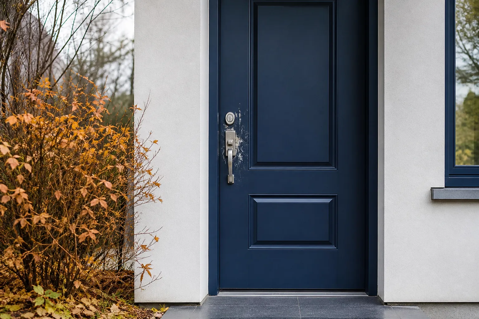 Porte d'entrée bleue, feuillage automnal, paysage extérieur.