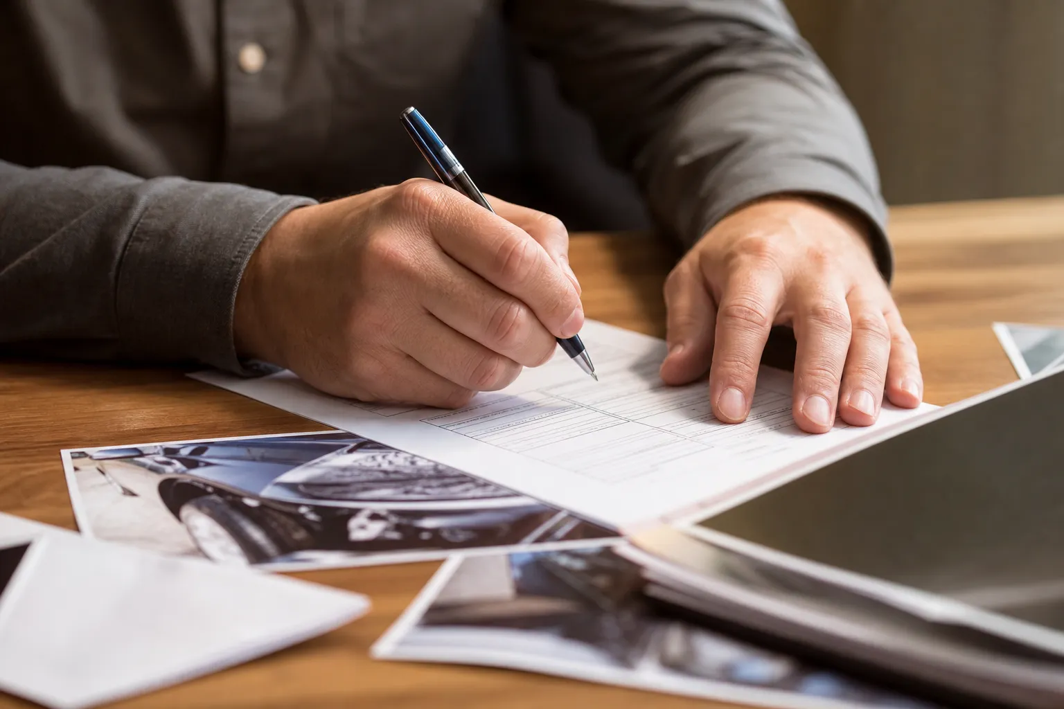 Mains d'un homme remplissant un formulaire avec des photos.