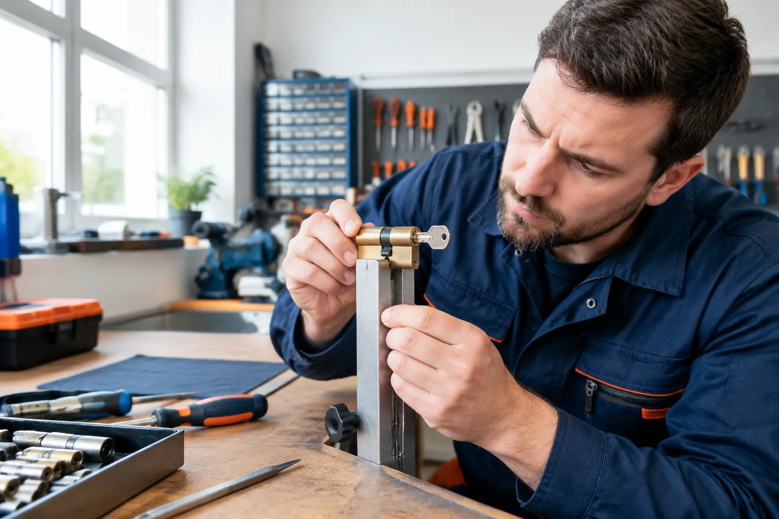 Serrurier inspectant un cylindre de serrure avec une clé en atelier