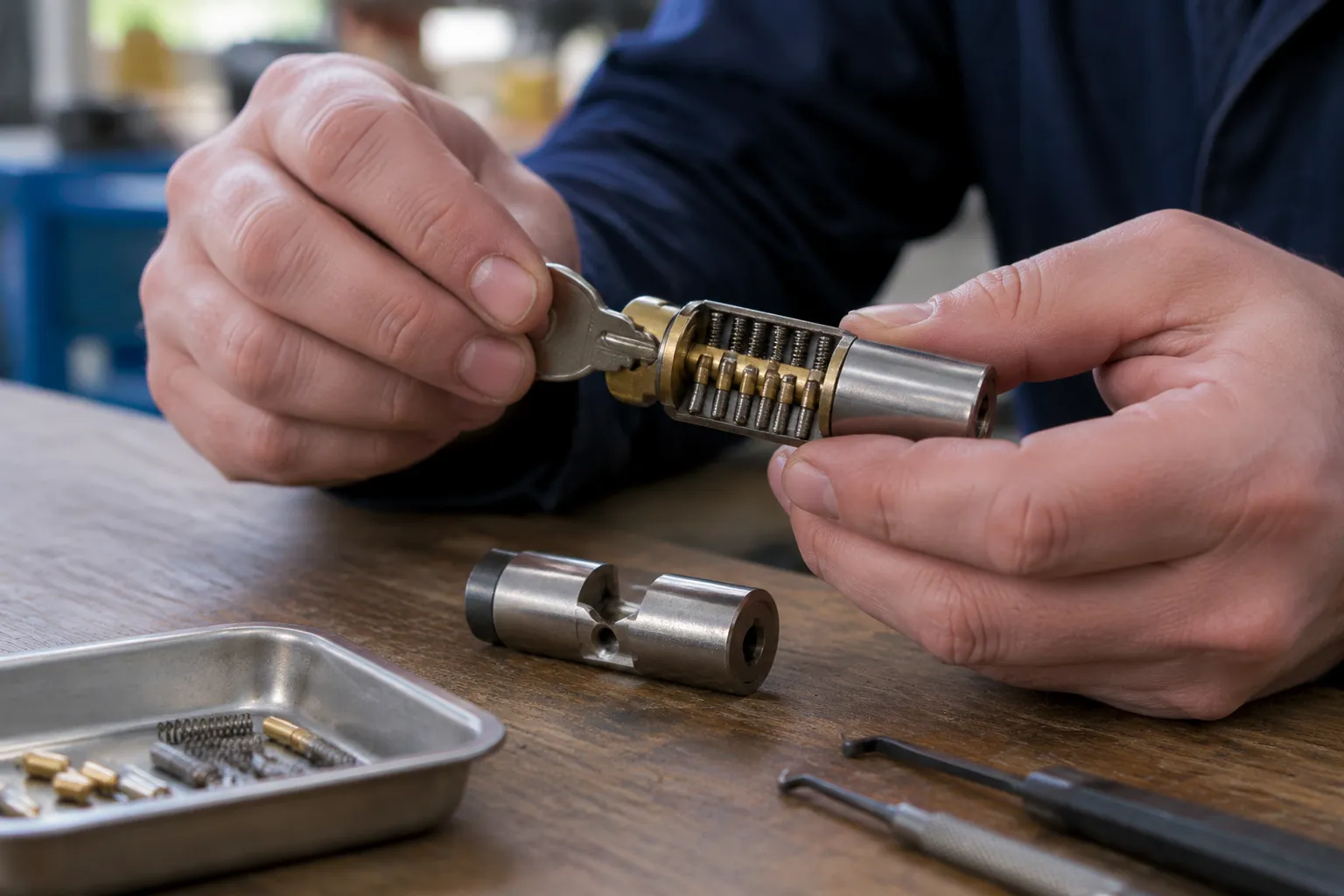 Serrurier inspectant un cylindre de serrure avec une clé