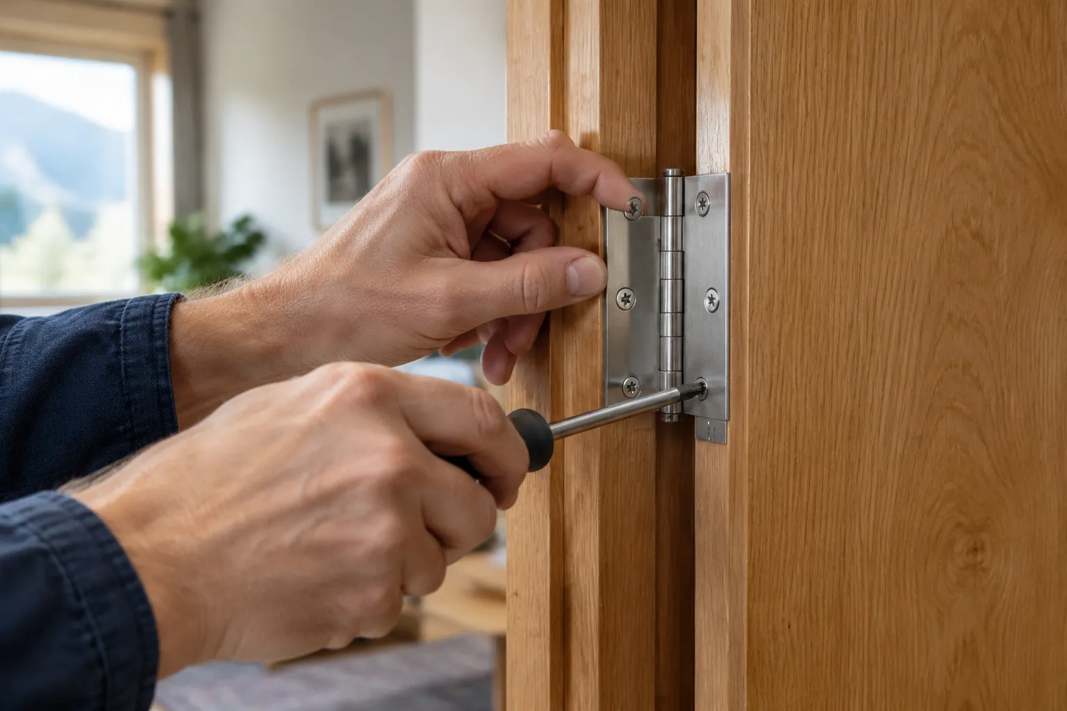 Main installant une charnière métallique sur une porte en bois