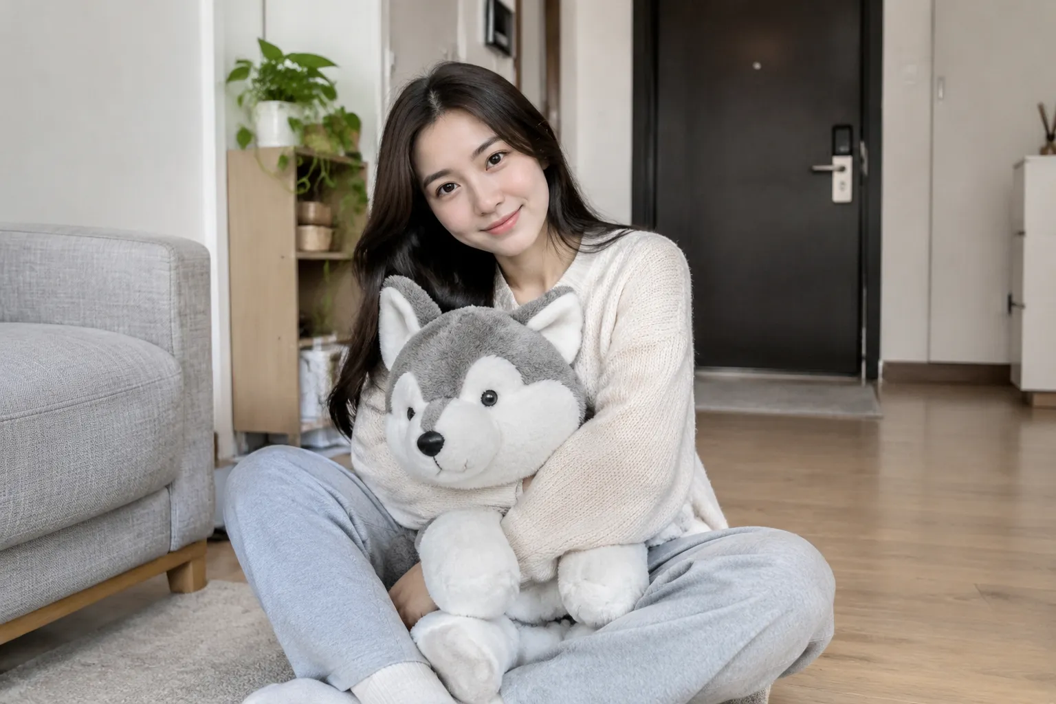 Femme assise au sol, serrant une peluche husky.