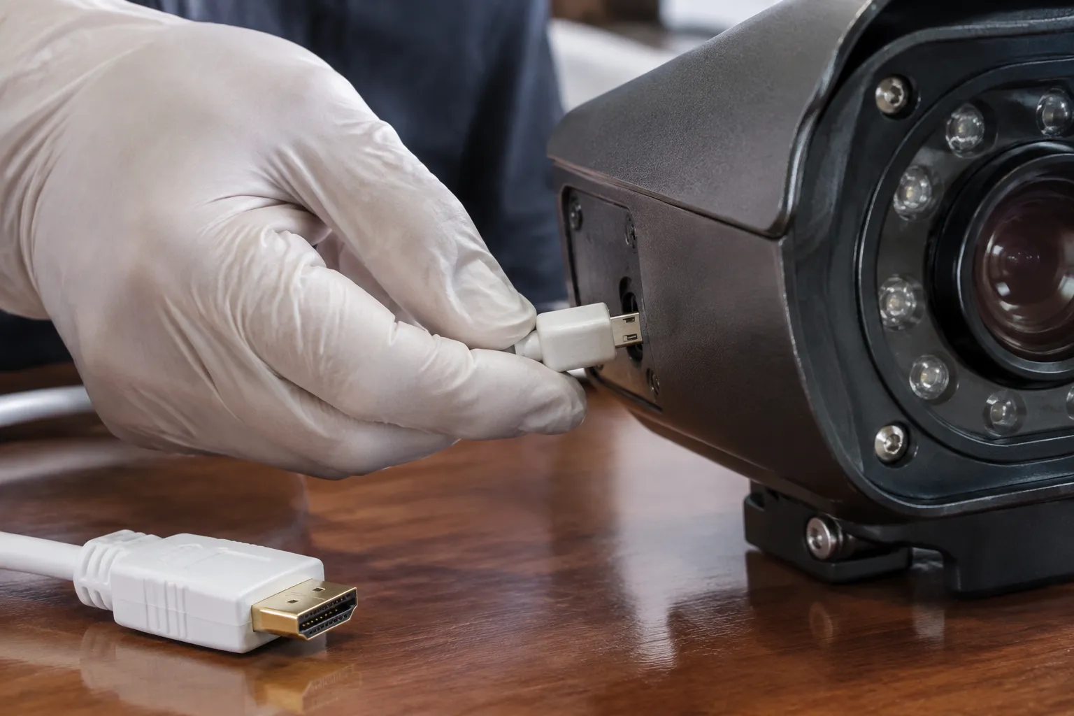 Installation d’une caméra à vision nocturne avec câble HDMI et prise micro‑USB.