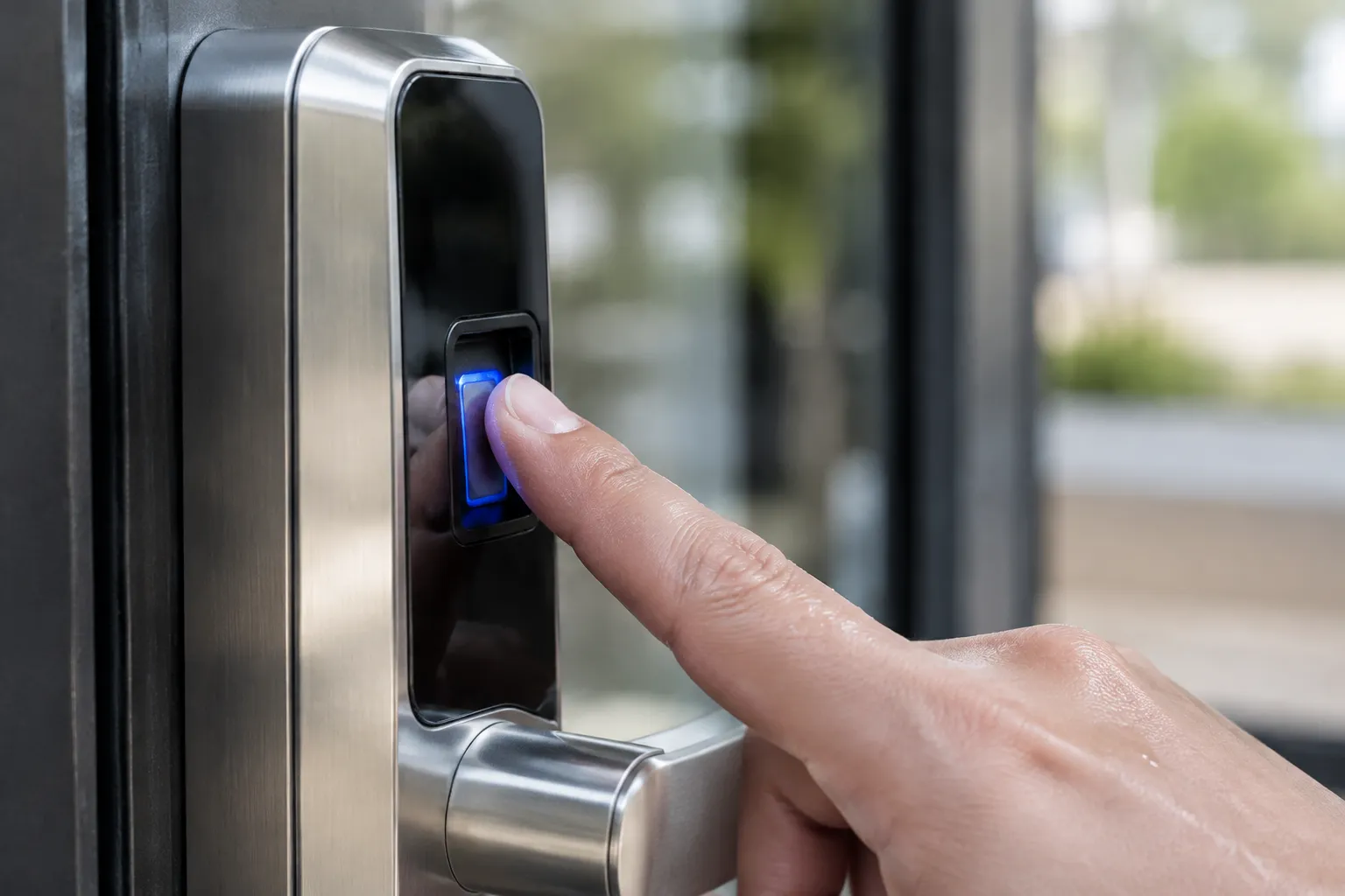 Serrure connectée avec capteur d’empreinte digitale, gros plan, protection contre piratage.