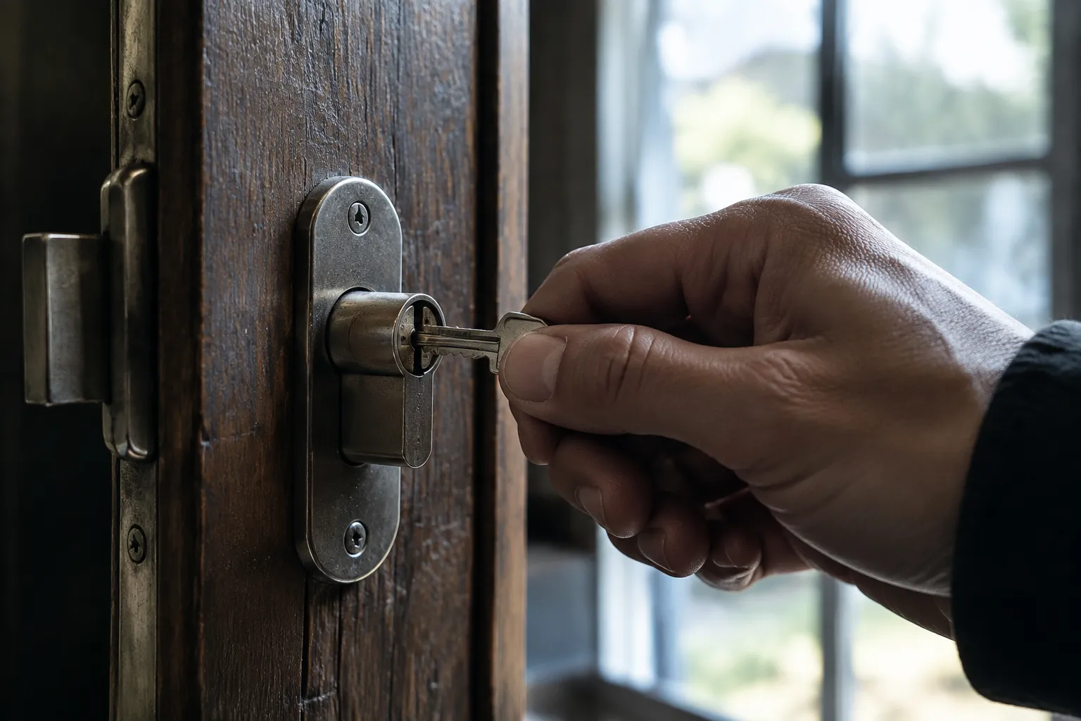 Clé insérée dans le cylindre d’une serrure en bois, montrant le mécanisme interne.