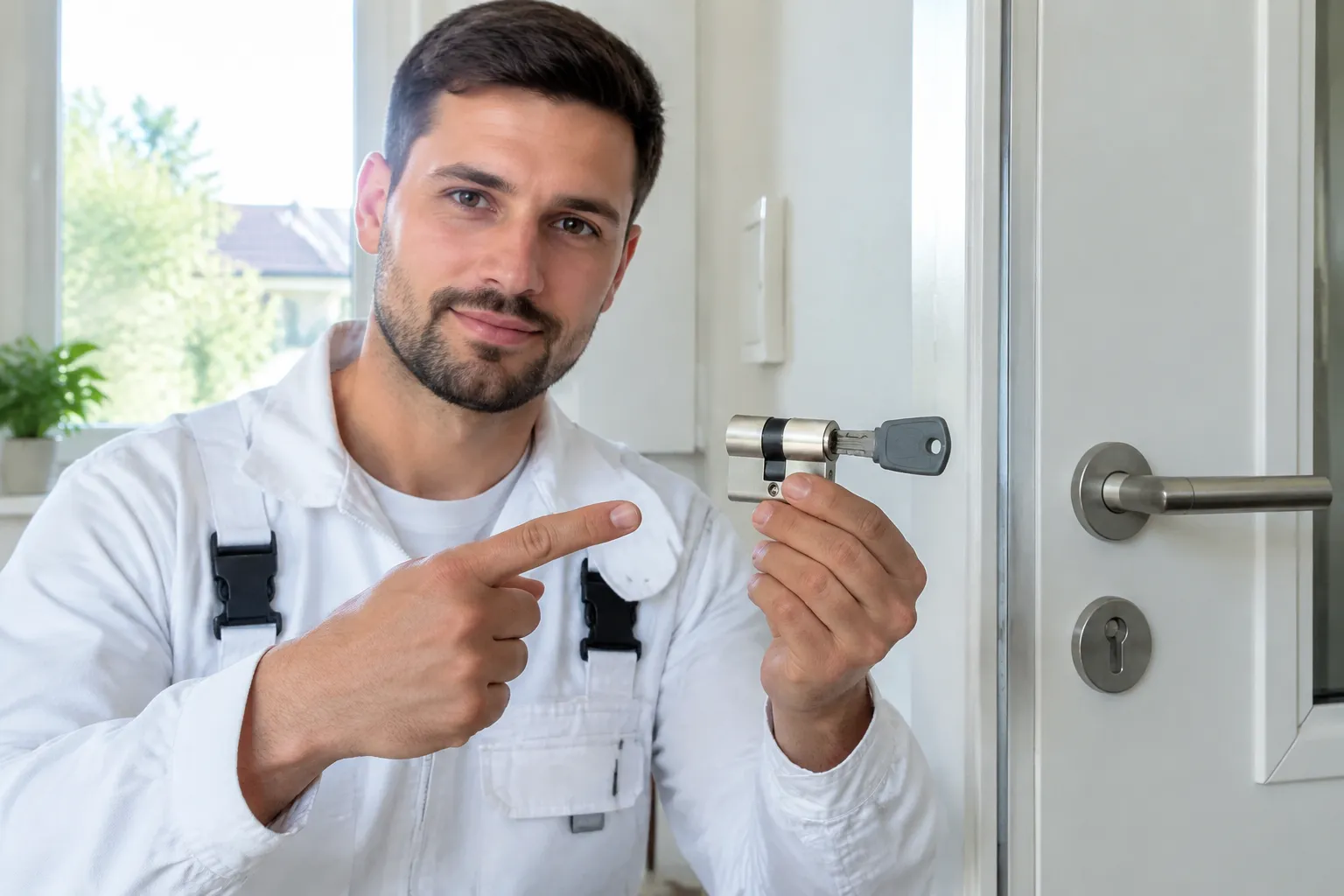 Serrurier remplace un cylindre de serrure en acier inoxydable sur une porte intérieure.