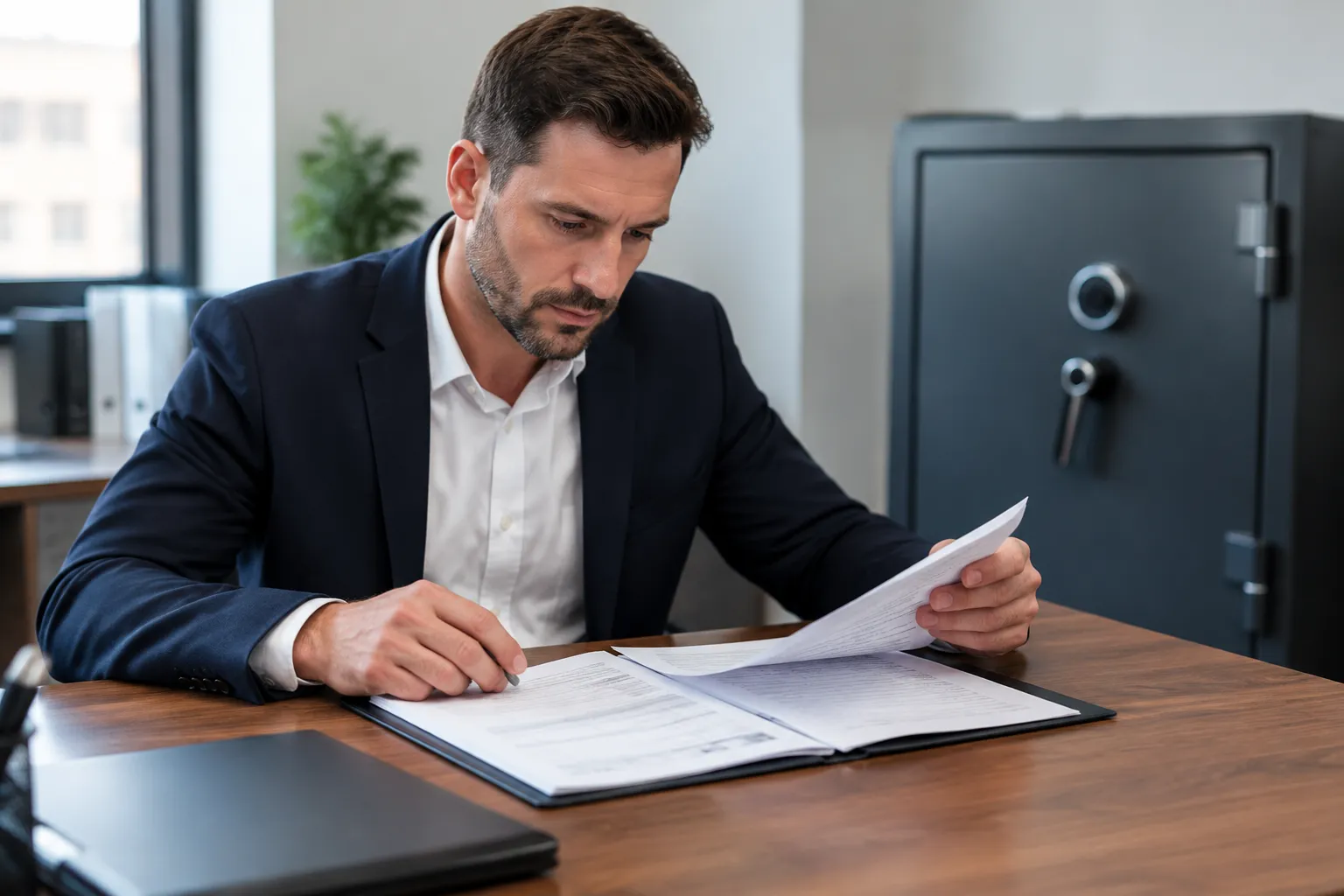 Gestionnaire d’immeuble examinant un contrat entretien serrurerie.