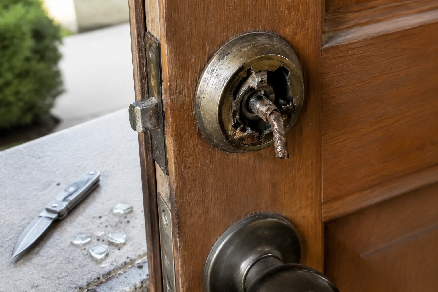 Serrure endommagée après effraction, couteau à ongles abandonné et éclats de verre visibles.