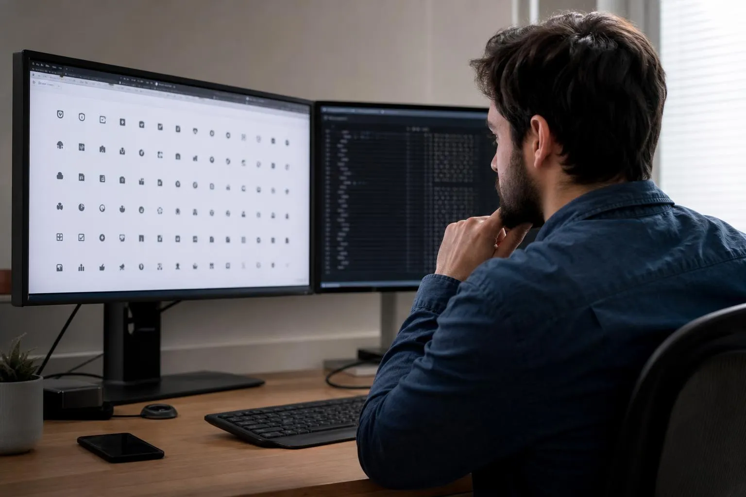 A person working intently on a computer with multiple screens.