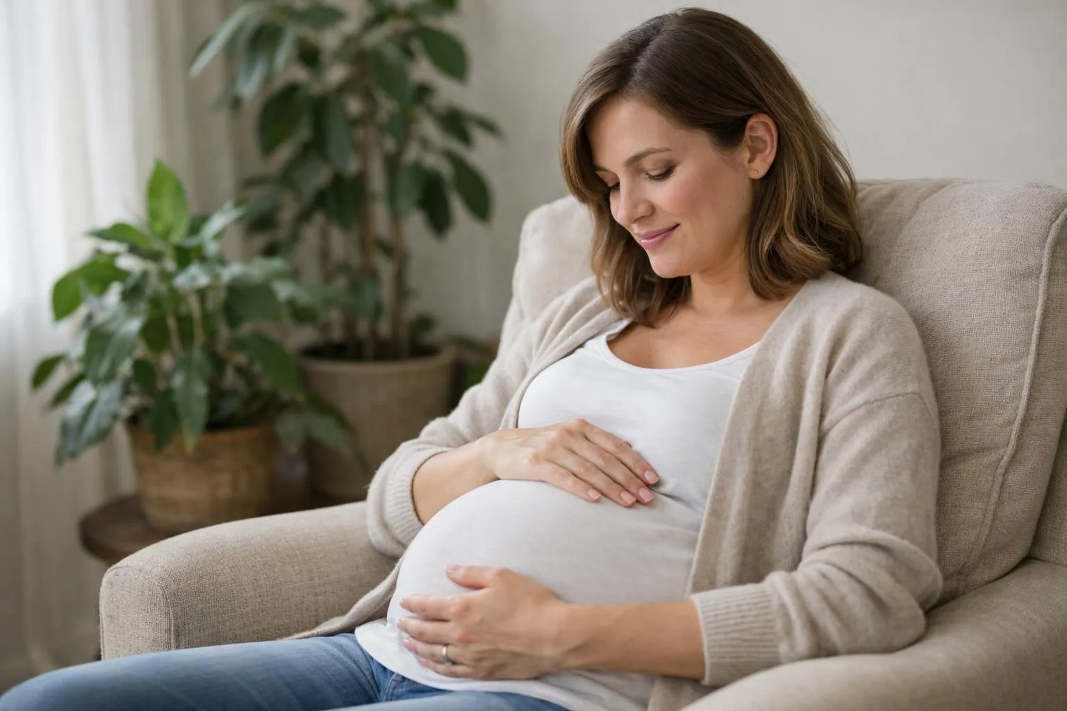 Femme enceinte assise sur un canapé, souriant et se tenant le ventre.