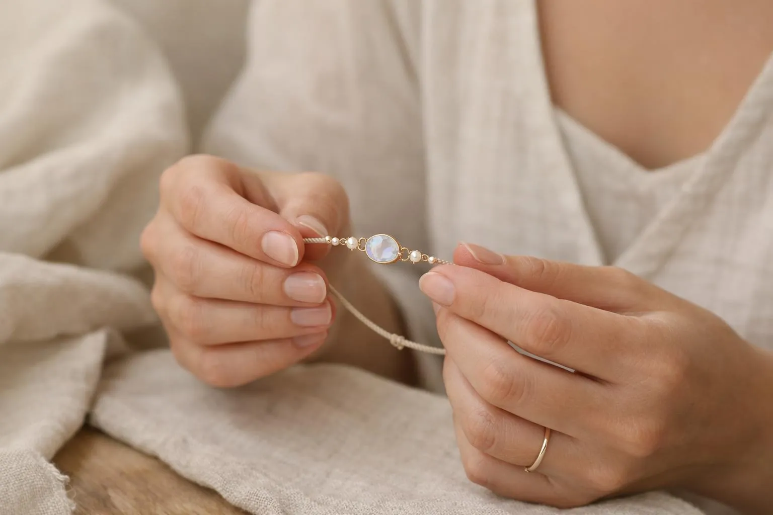 Mains féminines tenant un bracelet en perles et pierres précieuses.