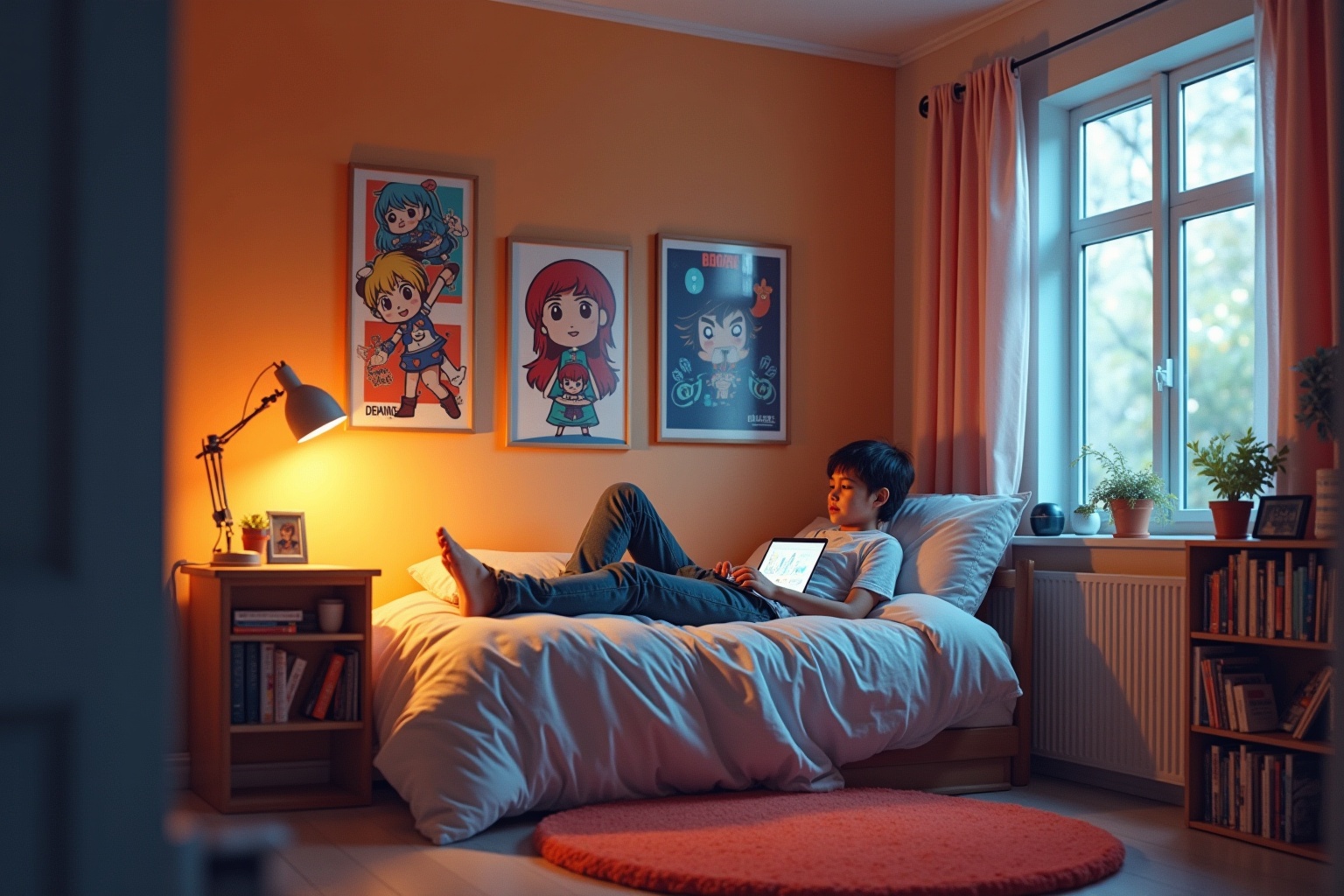 Chambre d'enfant colorée avec affiches animées, étagères et fenêtre.