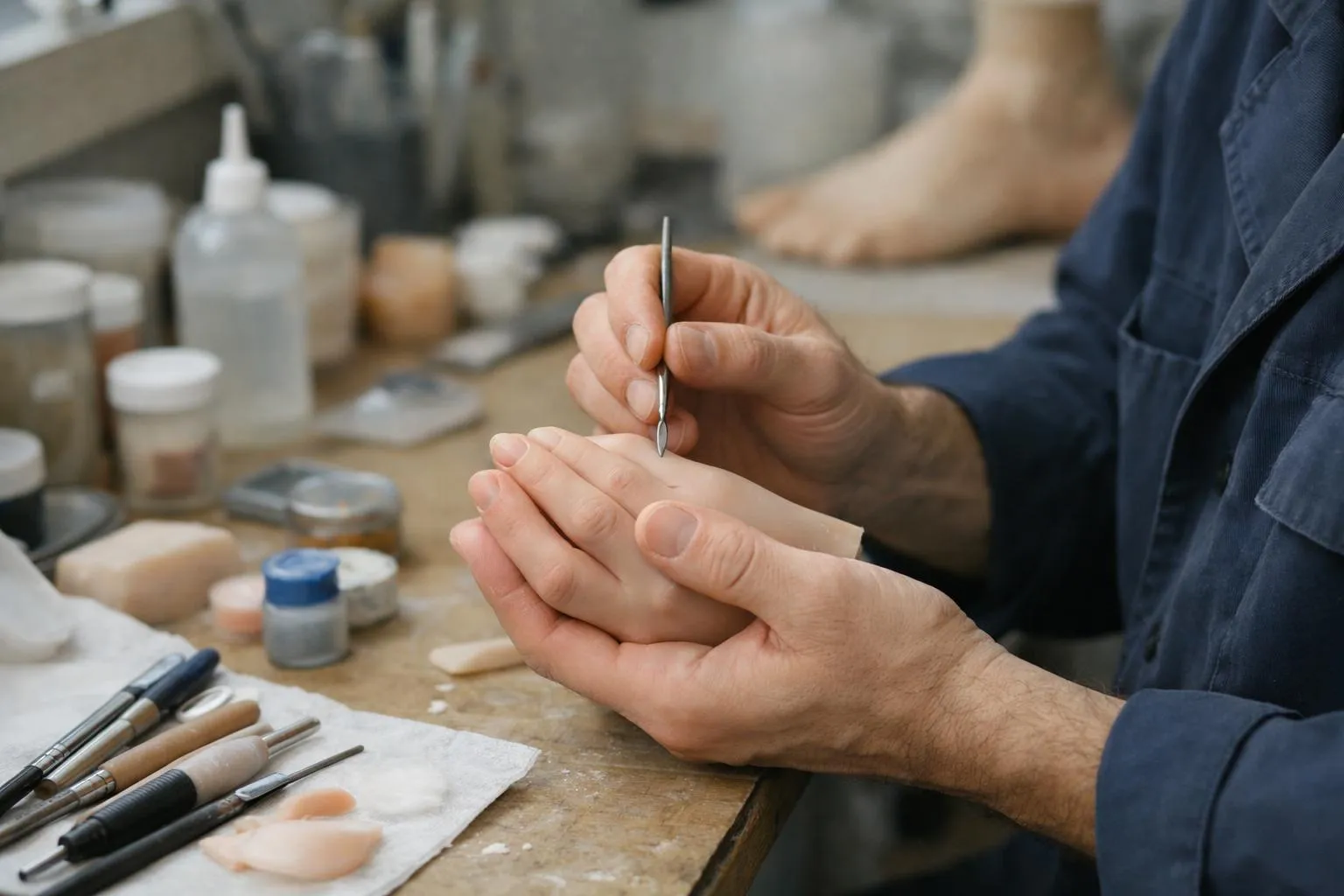Mains d'un artiste travaillant sur un projet créatif avec des outils et des matériaux.