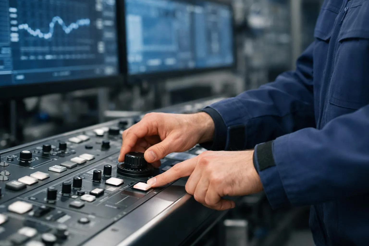 Mains d'un opérateur manipulant des boutons de contrôle sur un panneau de mixage audio.