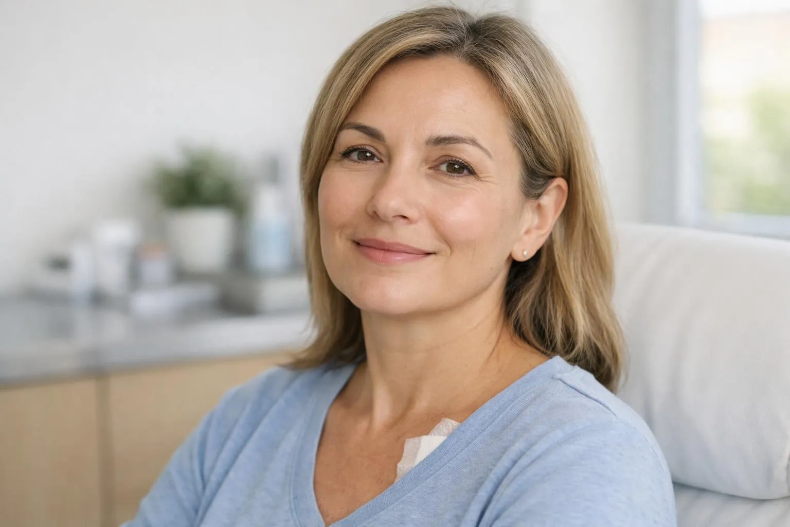 Femme d'âge mûr, souriante, aux cheveux blonds, vêtue d'un cardigan bleu.