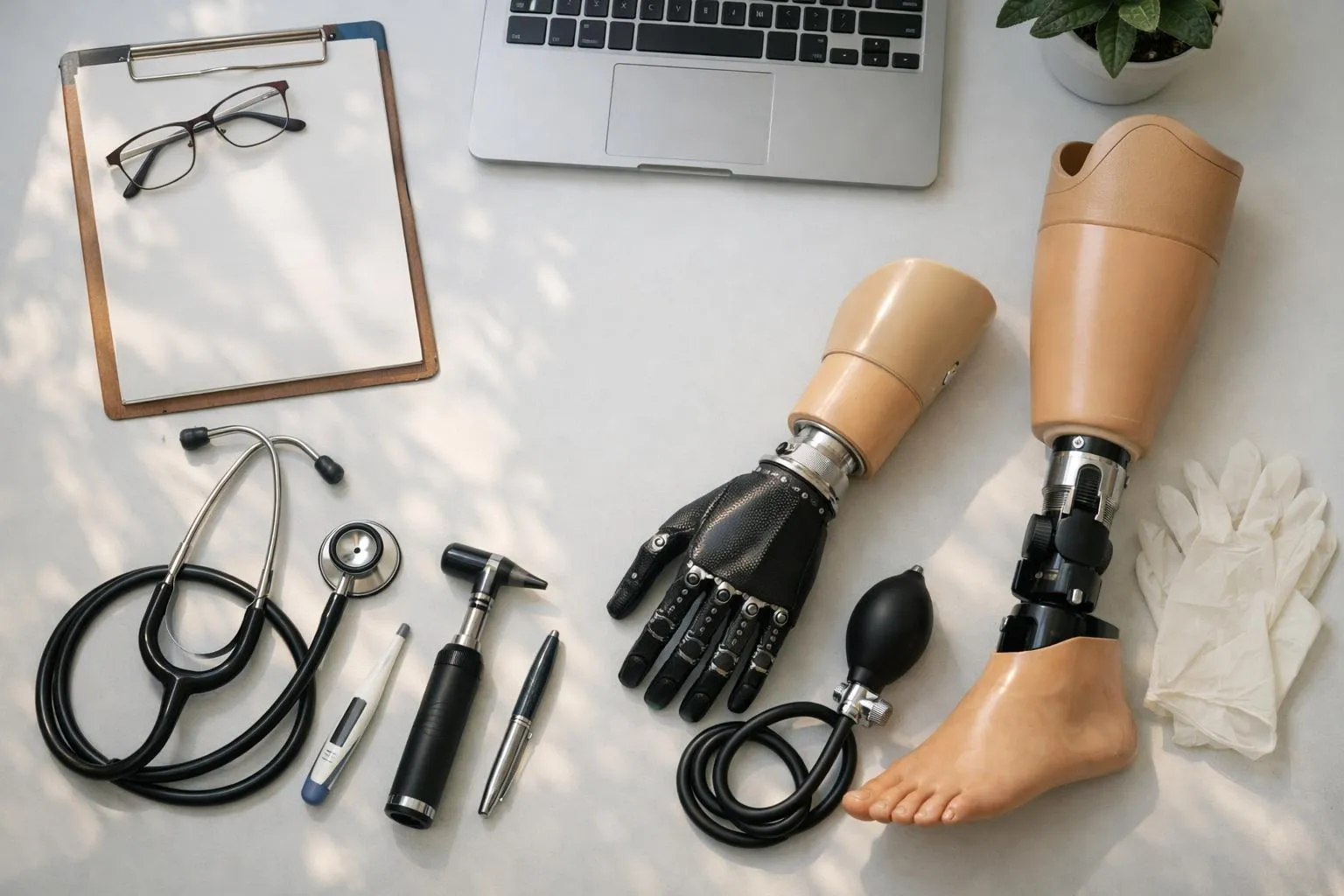 Équipement médical et de bureau sur un bureau blanc.