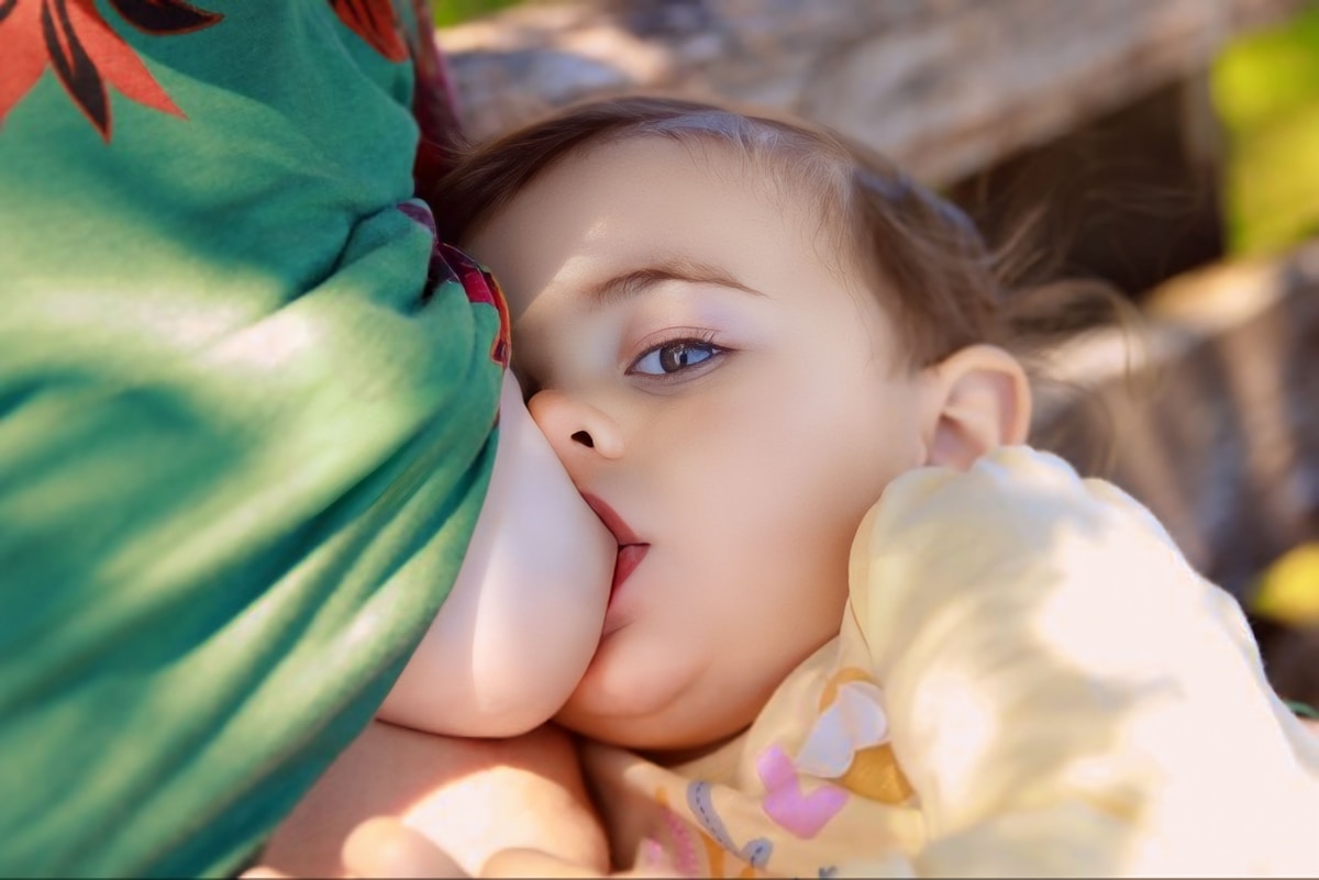 Jeune enfant endormi dans les bras d'un adulte, entouré de nature.