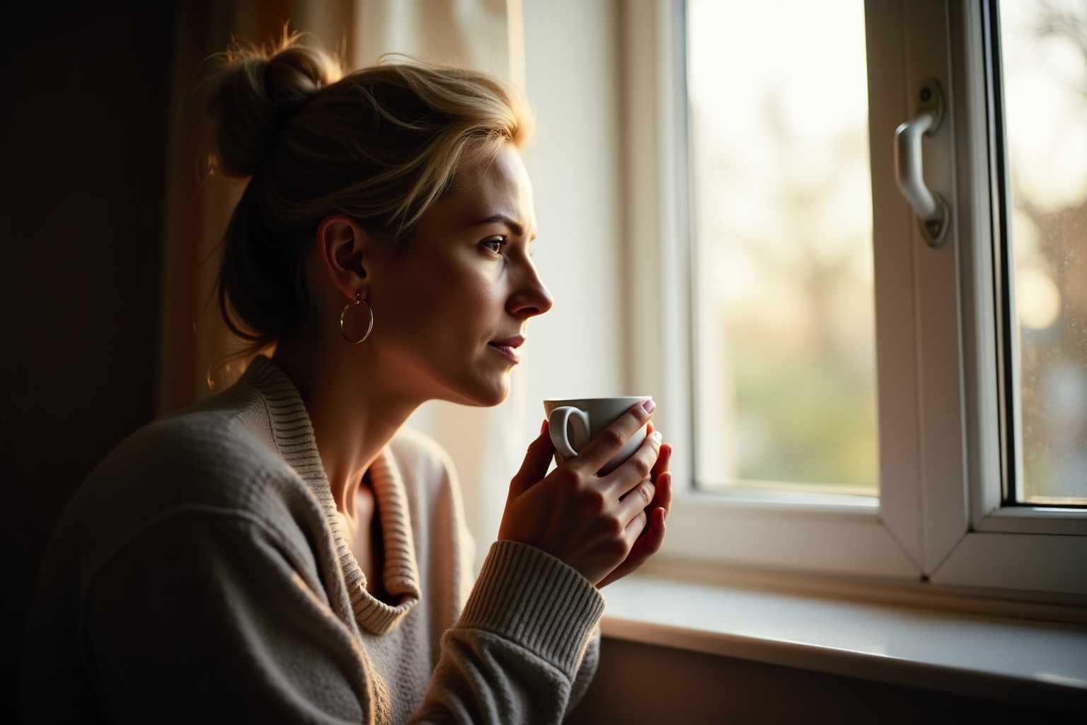 Femme pensive buvant une boisson chaude près de la fenêtre.