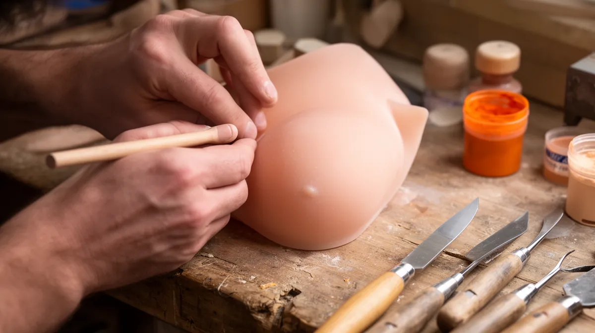 Mains sculptant une forme en argile sur un établi en bois.