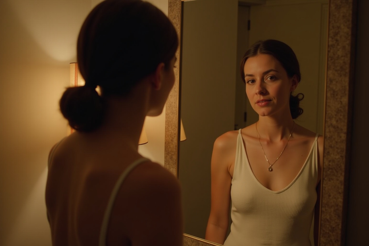 Femme réfléchie se regardant dans le miroir.