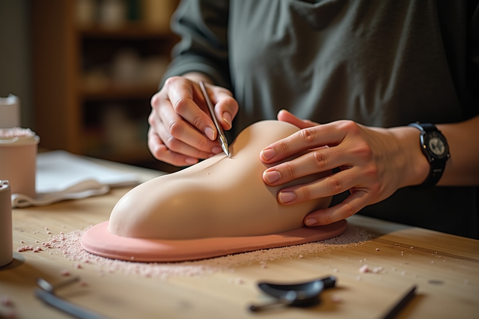 Mains d'un artiste sculptant une forme en argile sur un bureau.